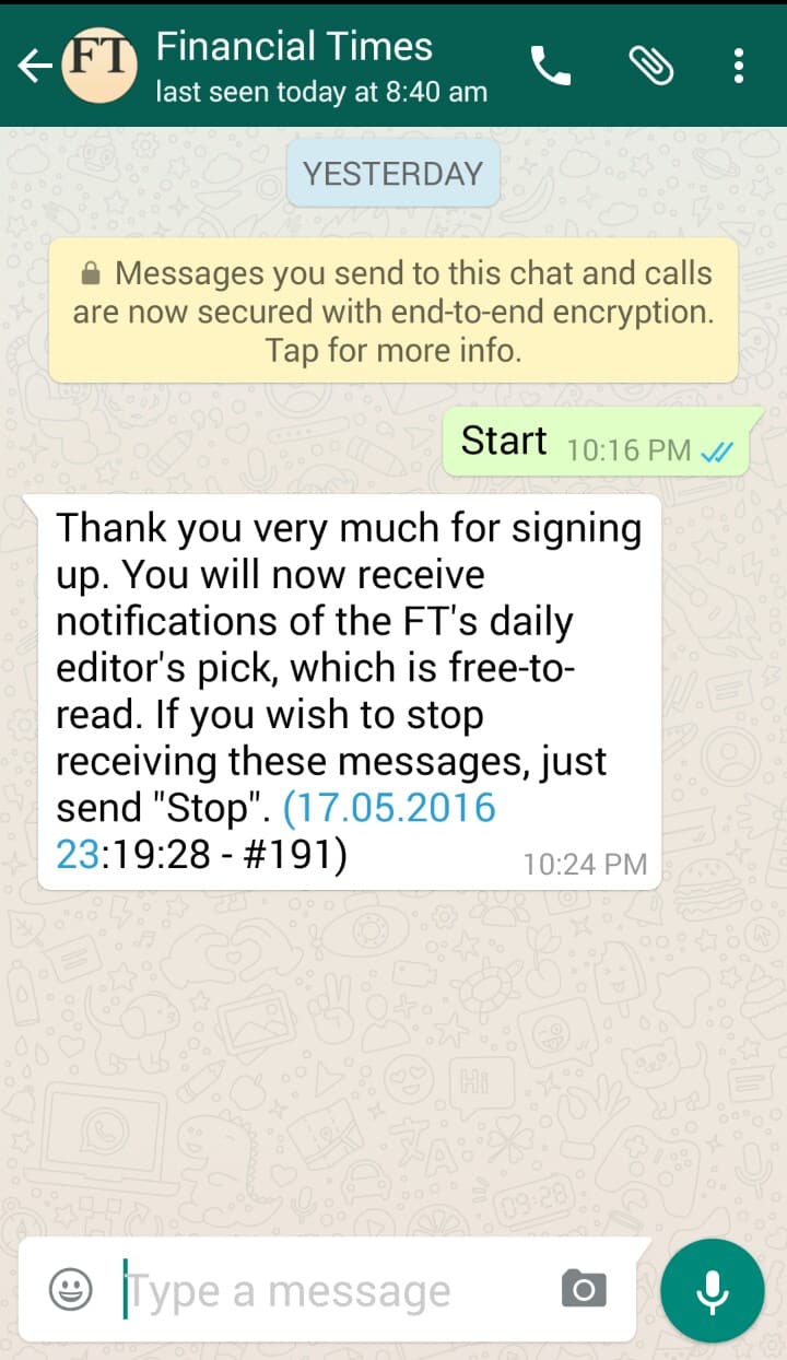 financial times whatsapp confirmation message