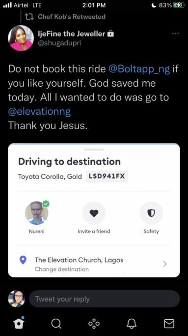 Screenshot of tweet talking about the dangers of ride hailing platforms