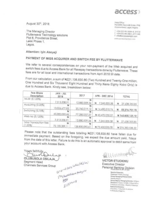 Access Bank letter to Flutterwave