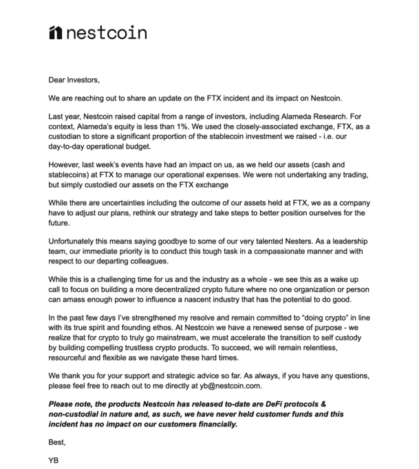 Nestcoin's statement to investors