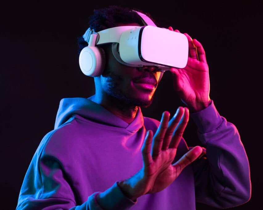 portrait young african american man with vr glasses