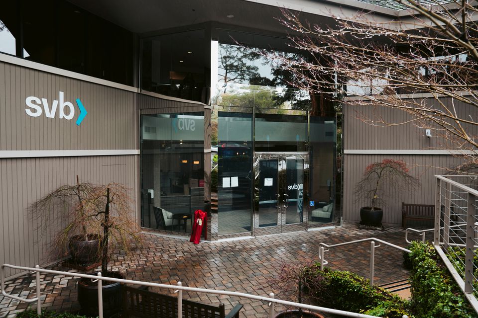 The main entrance of Silicon Valley Bank is pictured in Menlo Park, California, U.S.