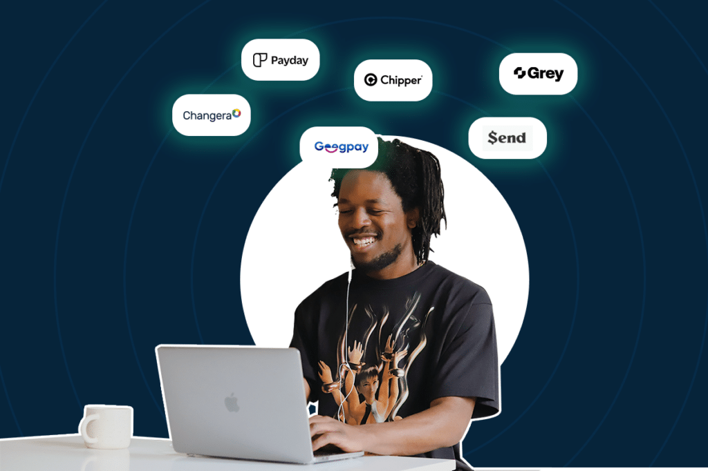 A freelancer sitting behind a laptop with logos cross-border payment platforms like Payday, Grey Finance, Changera, Chippercash, Send by Flutterwave, and Geegpay hovering over him