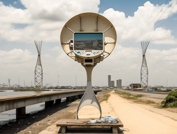 A satellite Internet dish beside a bridge with an urban landscape in the background