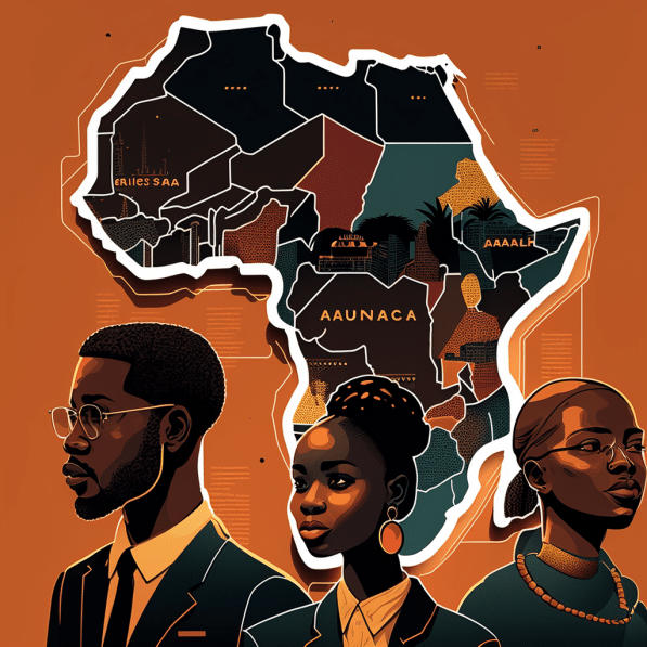 A 3d illustration of business professionals in front of an Africa map, showing the birth of and grwoth of the young African catalysts (YAC)