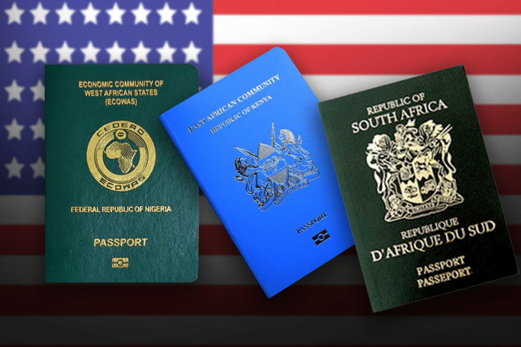 An image of Nigerian, Kenyan, and South African international passports superimposed on a US flag