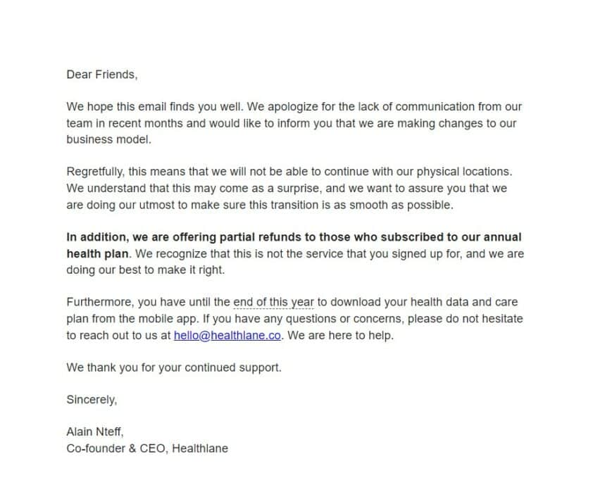 A screenshot of Alain Nteff's email to Healthlane subscribers