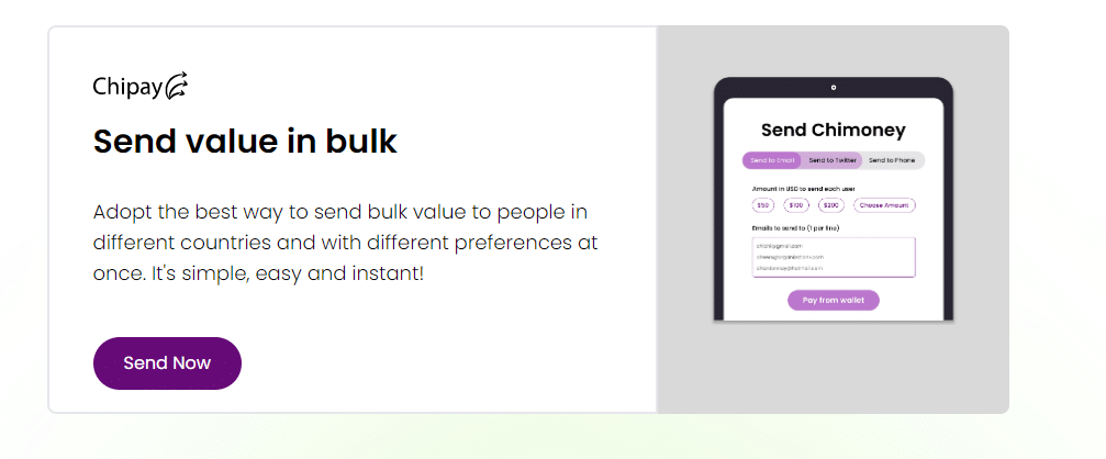 A screenshot of a website advertising how to send value in bulk