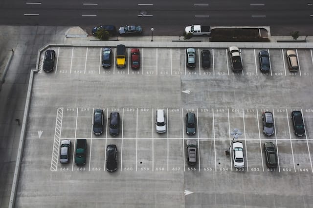 An aerial view of a parking lot