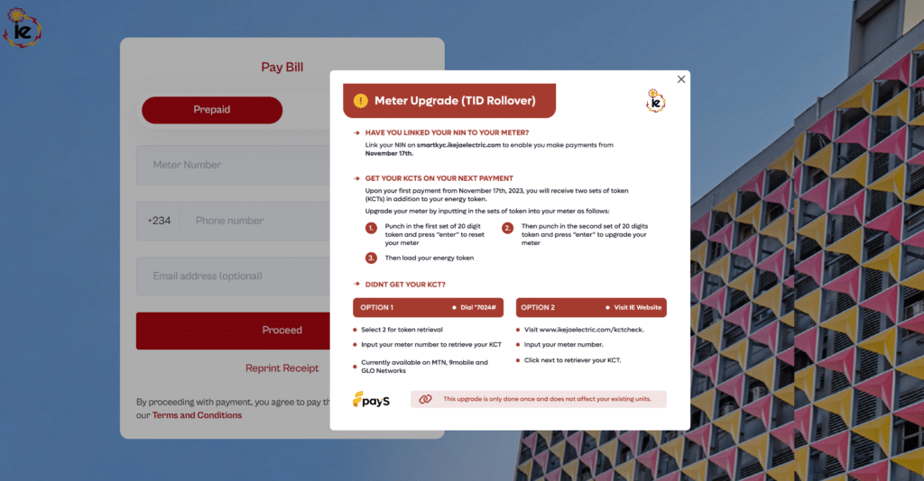 A screenshot of Ikeja Electric payment page showing options to receive KCTs