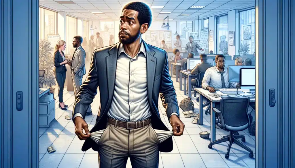 What employers want their modern offices to look like and why 2 An illustration of a man in an office space with his pockets turned inside out, and a bewildered look on his face. Image generated with DALLE-2