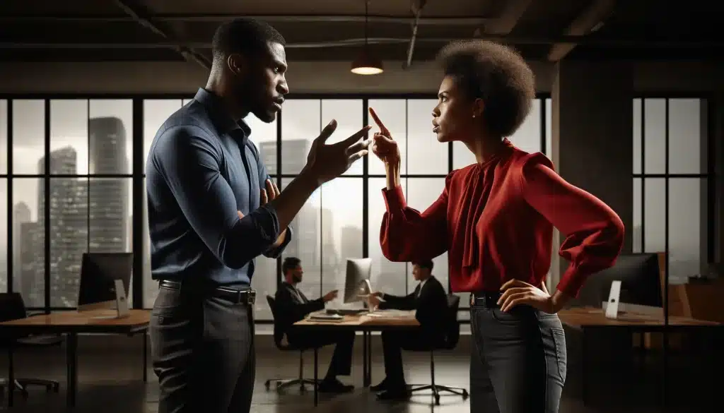 4 common mistakes to avoid after you agree to become a co-founder 1 A-dramatic-scene-in-an-office-setting-showing-two-co-founders-in-the-midst-of-a-heated-argument.-Both-co-founders-are-of-African-descent