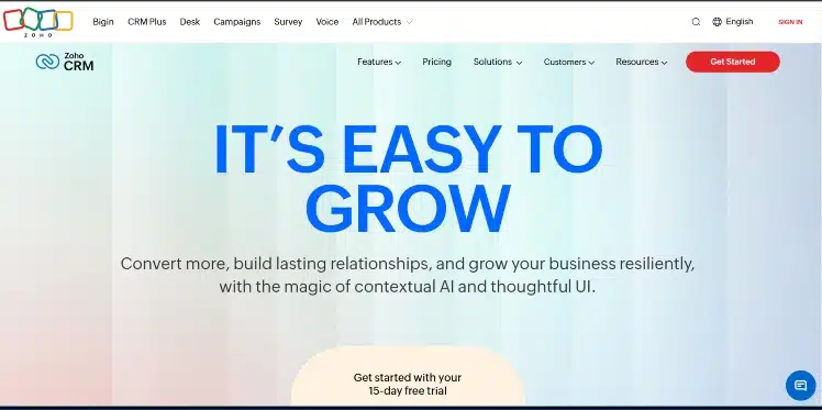 Zoho CRM homepage