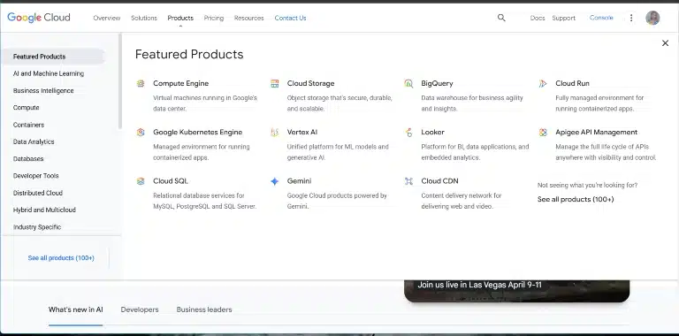 Google cloud suites products page