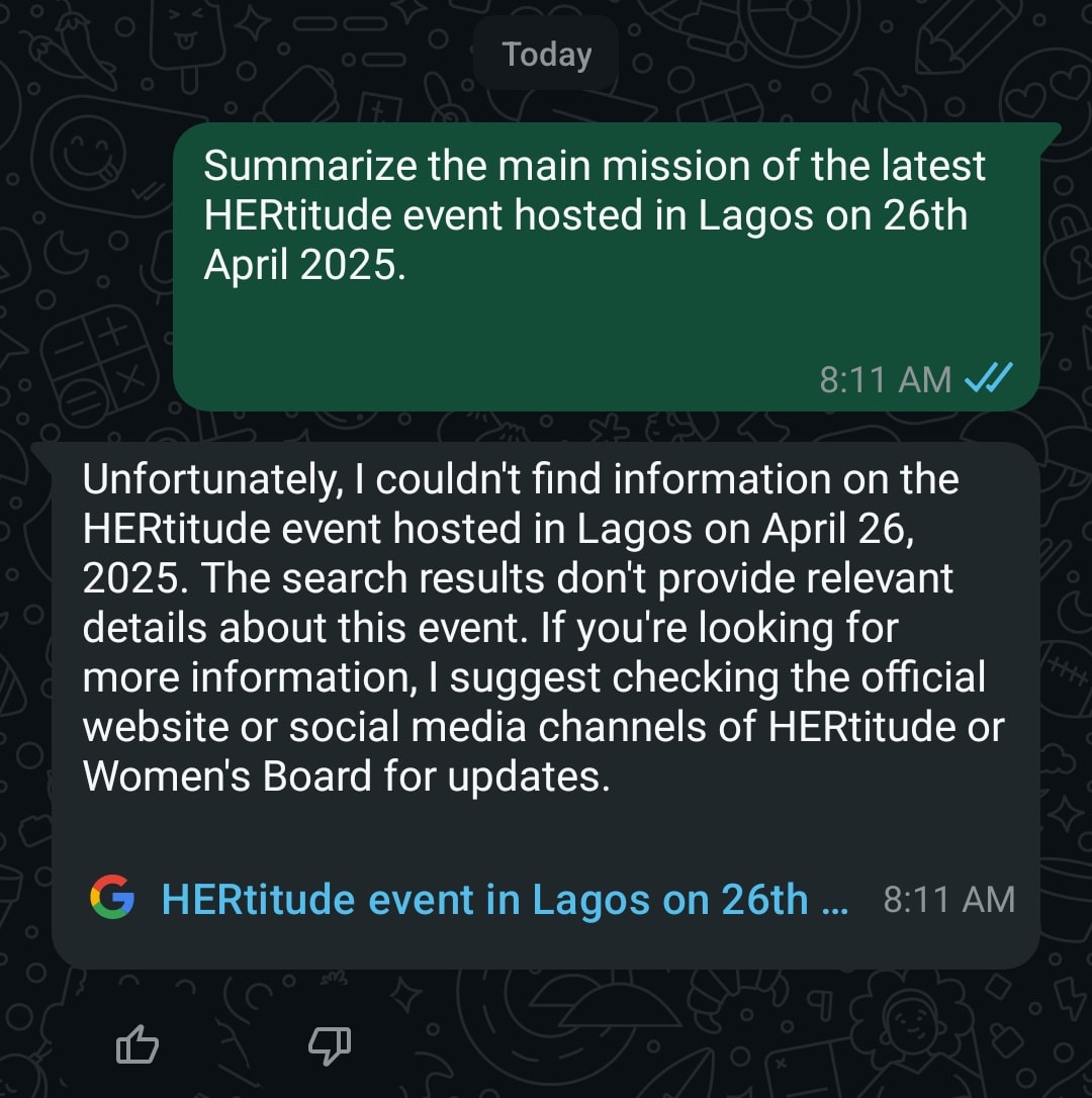 Meta AI WhatsApp Response for HERtitude event