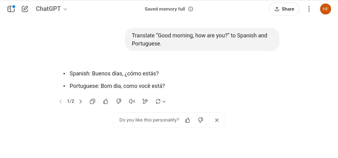 ChatGPT Translation Response