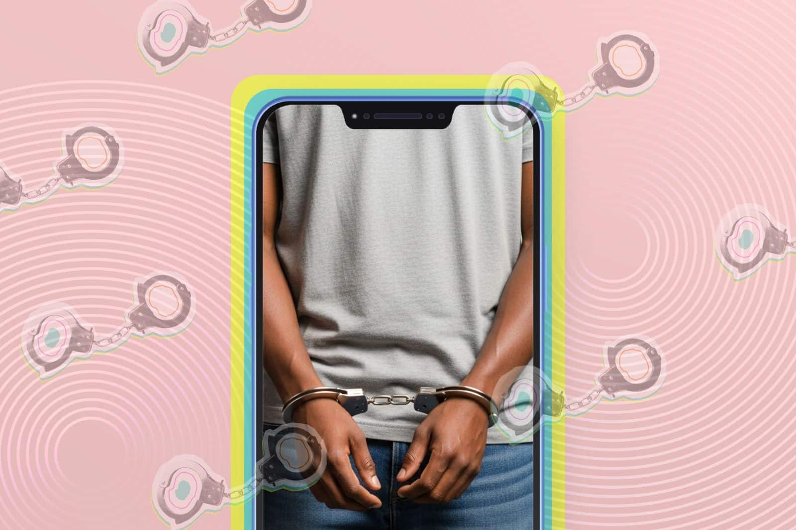 A picture of a man in handcuffs. The picture is seen on a phone