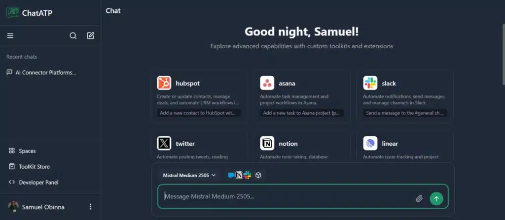 A screenshot of ChatATP web app
