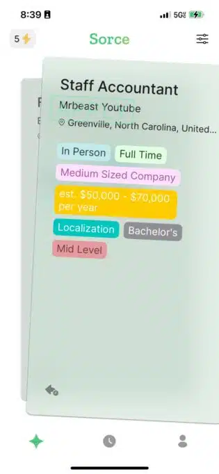 Sorce (Tinder for Jobs) on mobile