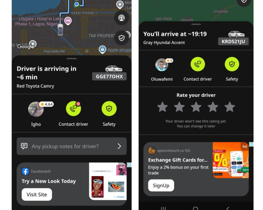 Screenshots of ads on inDrive Nigeria
