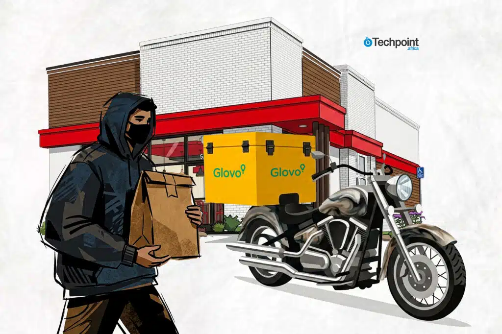 An illustration of a dispatch rider with a Glovo dispatch bike, holding a parcel|techpoint.africa