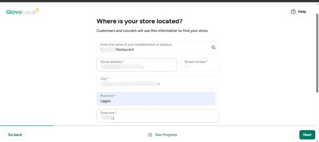 A screenshot from Glovo's vendor registration page