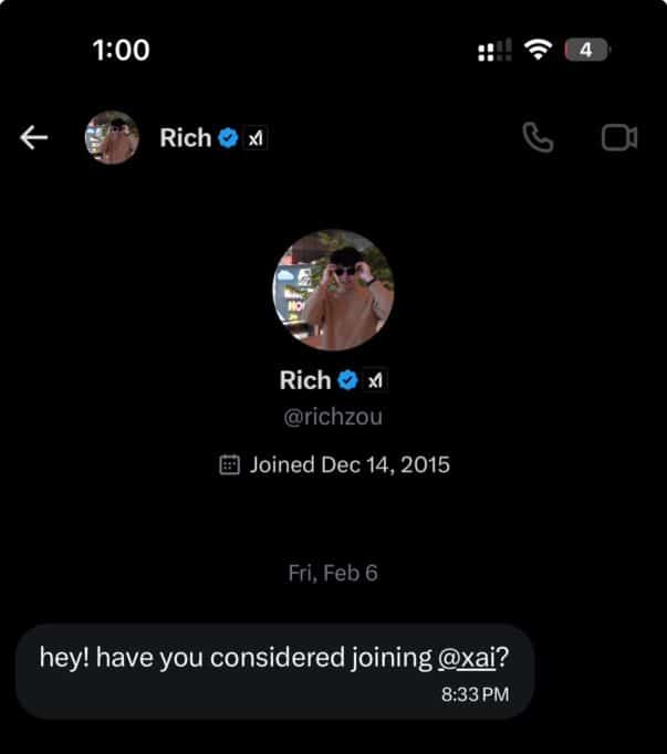 Former xAI recruiter, Rich Zoe, reaching out to Adewale Sulaiman about joining xAI