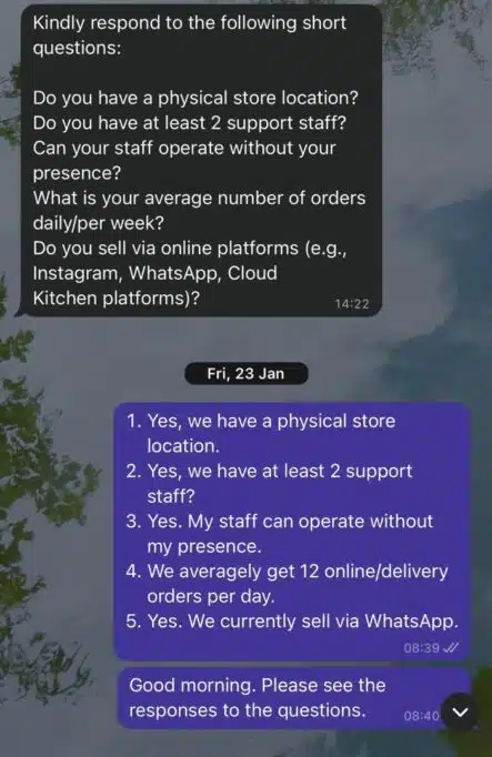 A screenshot from our conversation with a Glovo representative|techpoint.africa