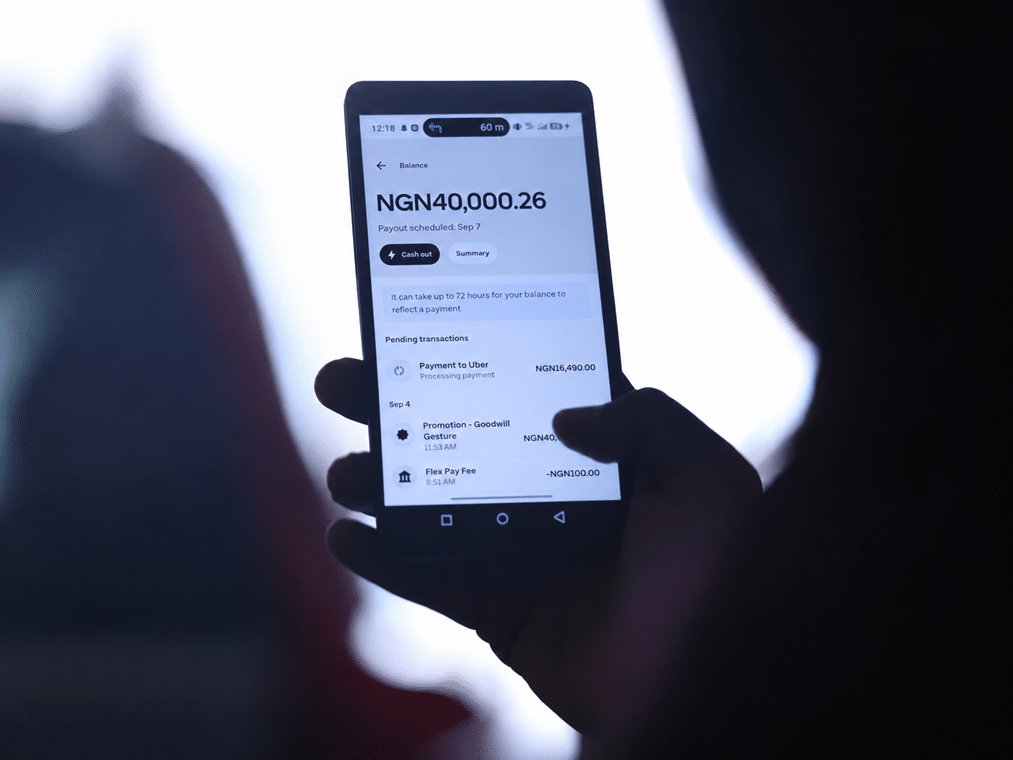 A driver's Uber app showing the ₦40,000 ($30.28) balance, logged as a "Promotion – Goodwill Gesture". Identity concealed at the driver's request.